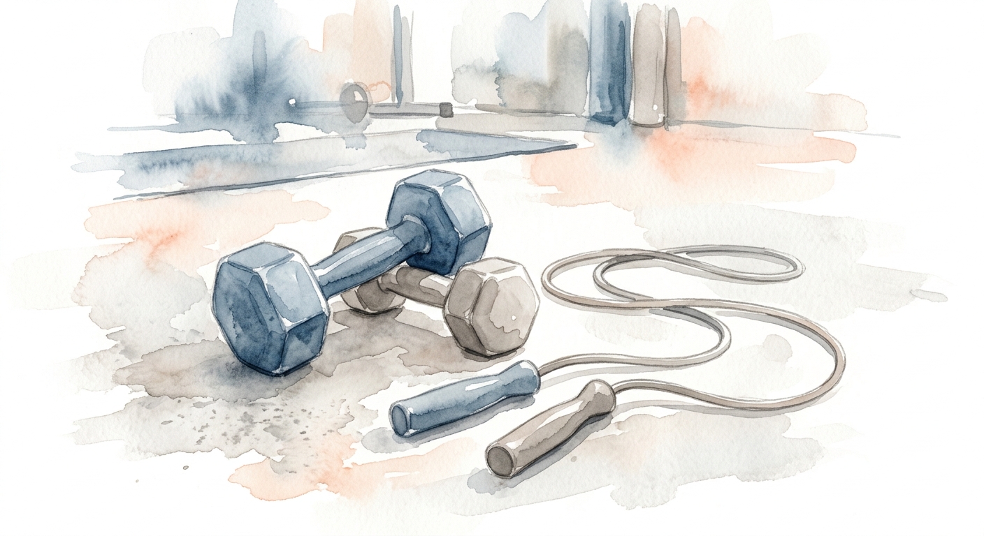 Hanteln und Springseil auf einem Gymboden, editoriale Aquarell-Illustration