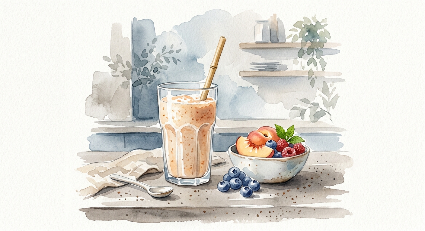 Proteinshake und frisches Obst auf einer Küchentheke, editoriale Aquarell-Illustration