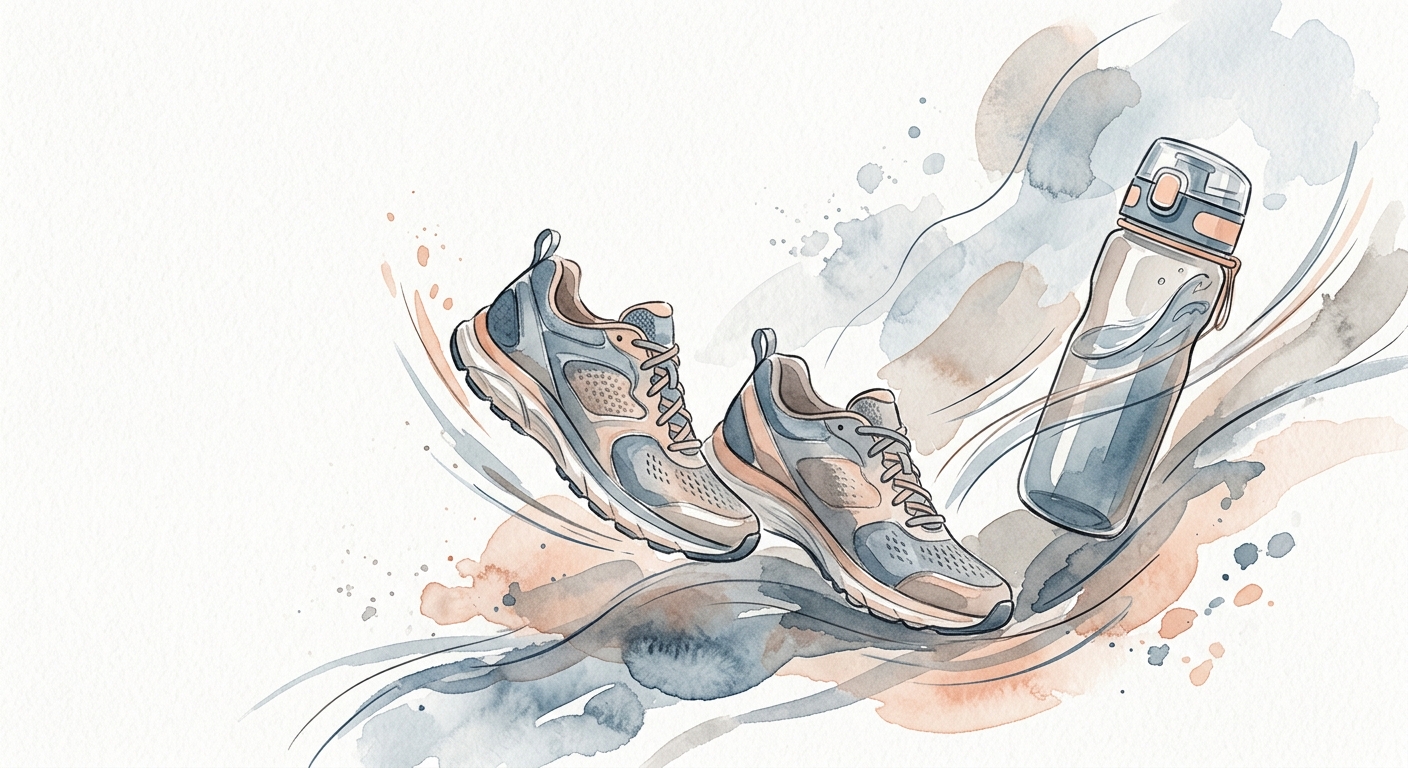 Laufschuhe und Wasserflasche mit Bewegungslinien, Aquarell-Illustration