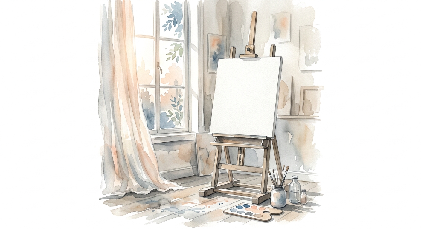 Staffelei in einem sonnendurchfluteten Atelier mit Leinwand