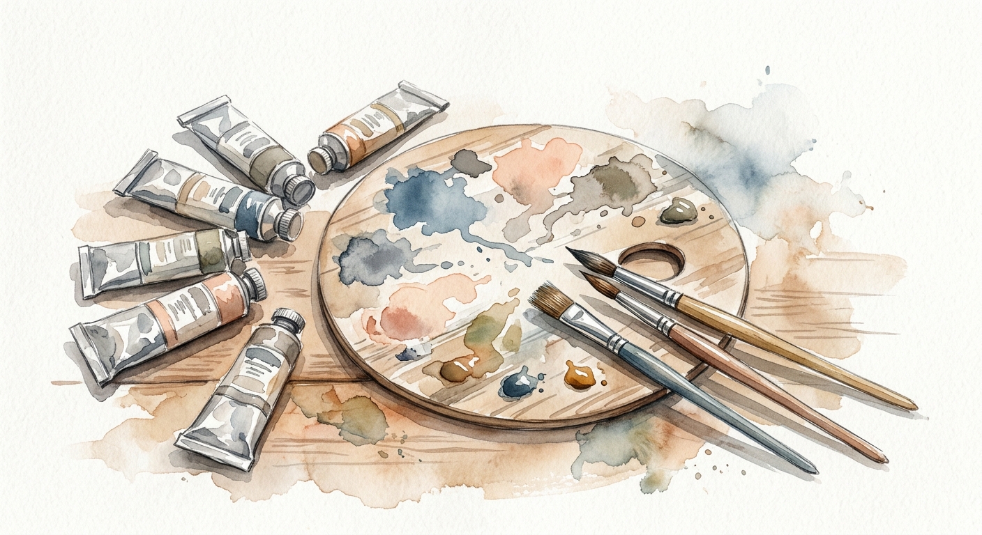 Farbtuben, Palette und Pinsel auf einem Holztisch
