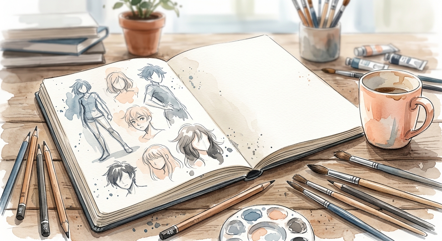 Skizzenbuch mit Anime-Doodles und Zeichenutensilien