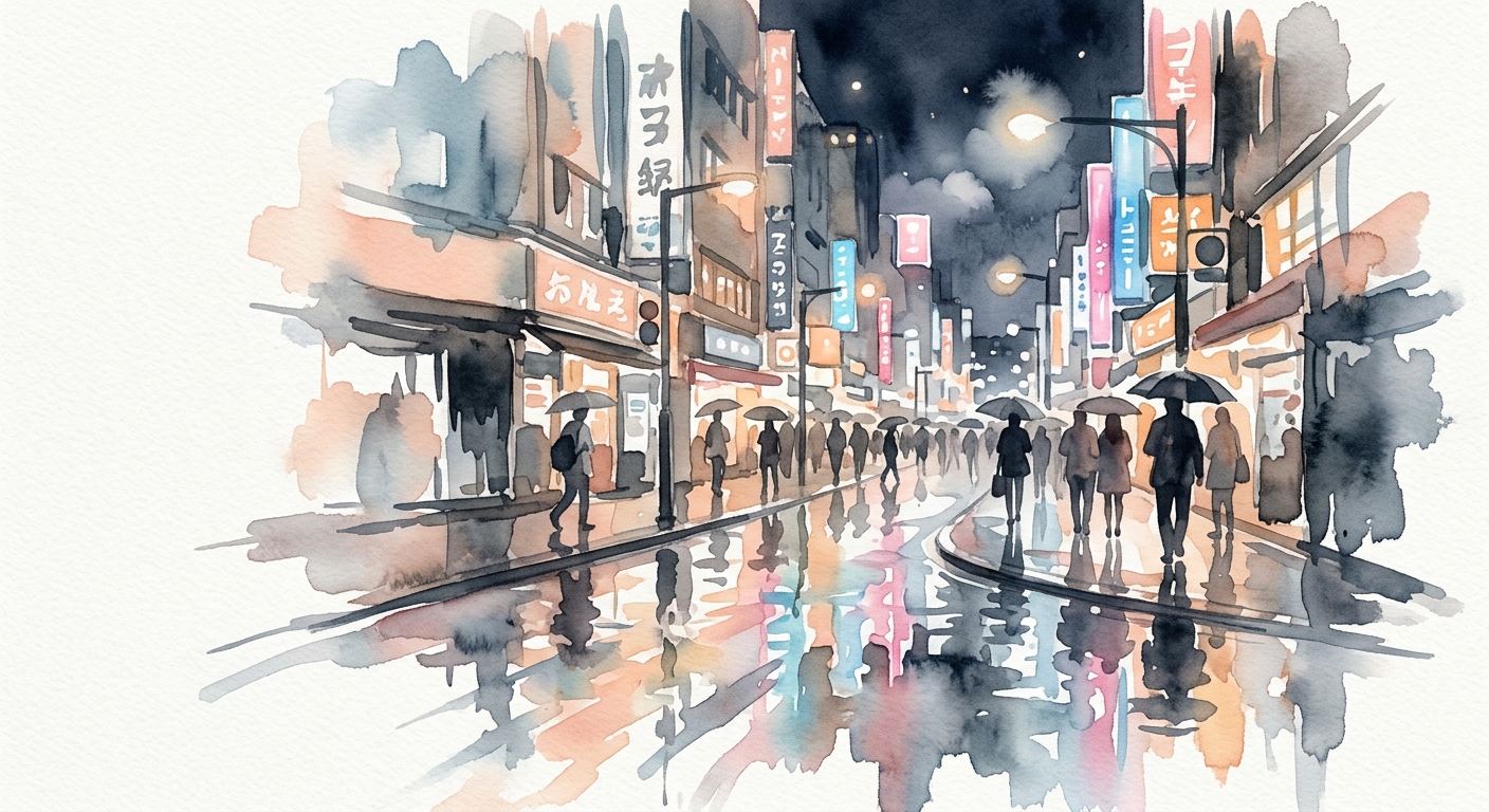Neon-Straße in Tokio bei Nacht in Aquarell
