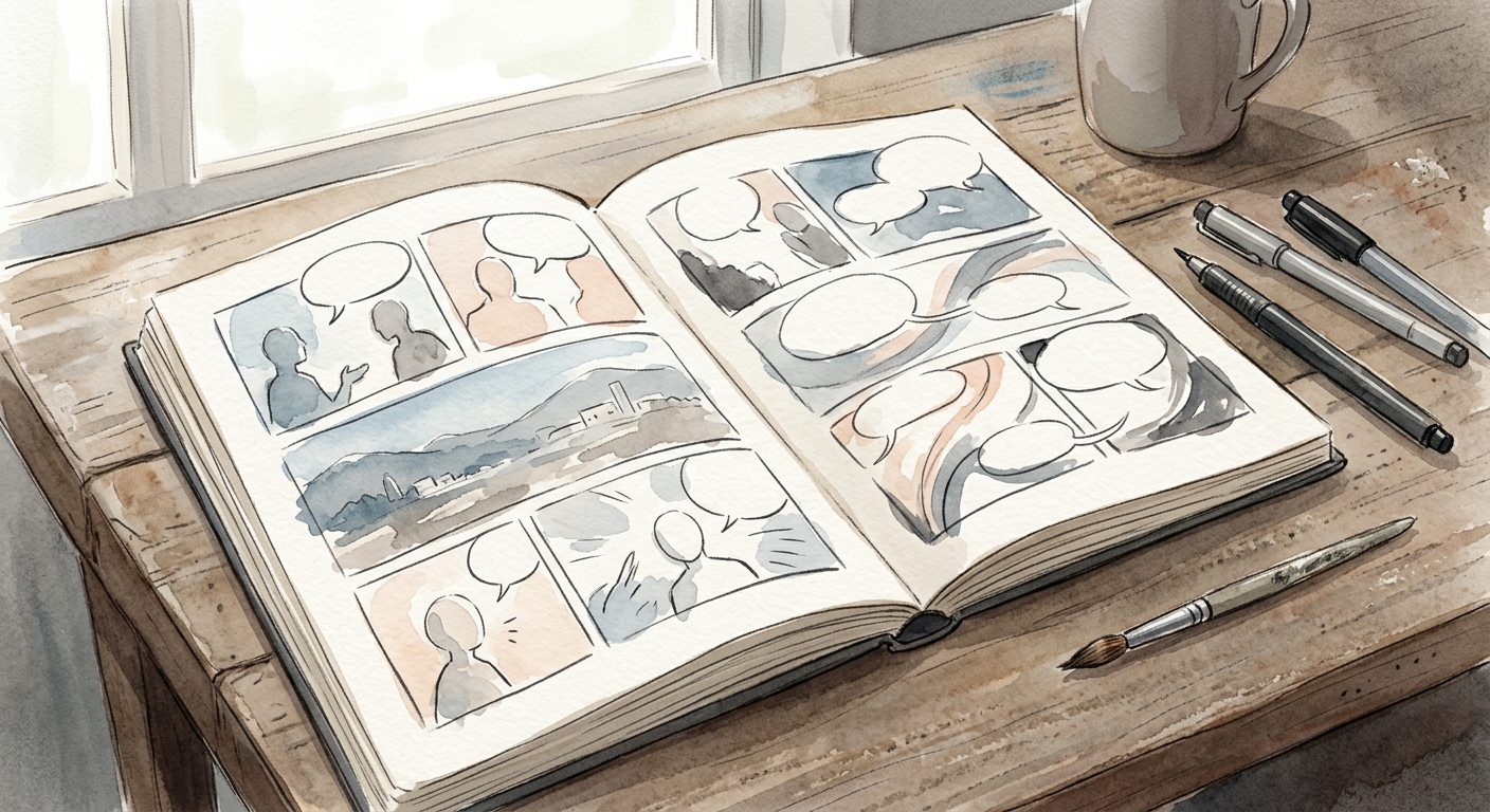Skizzenbuch mit Manga-Panels und Sprechblasen auf Holztisch