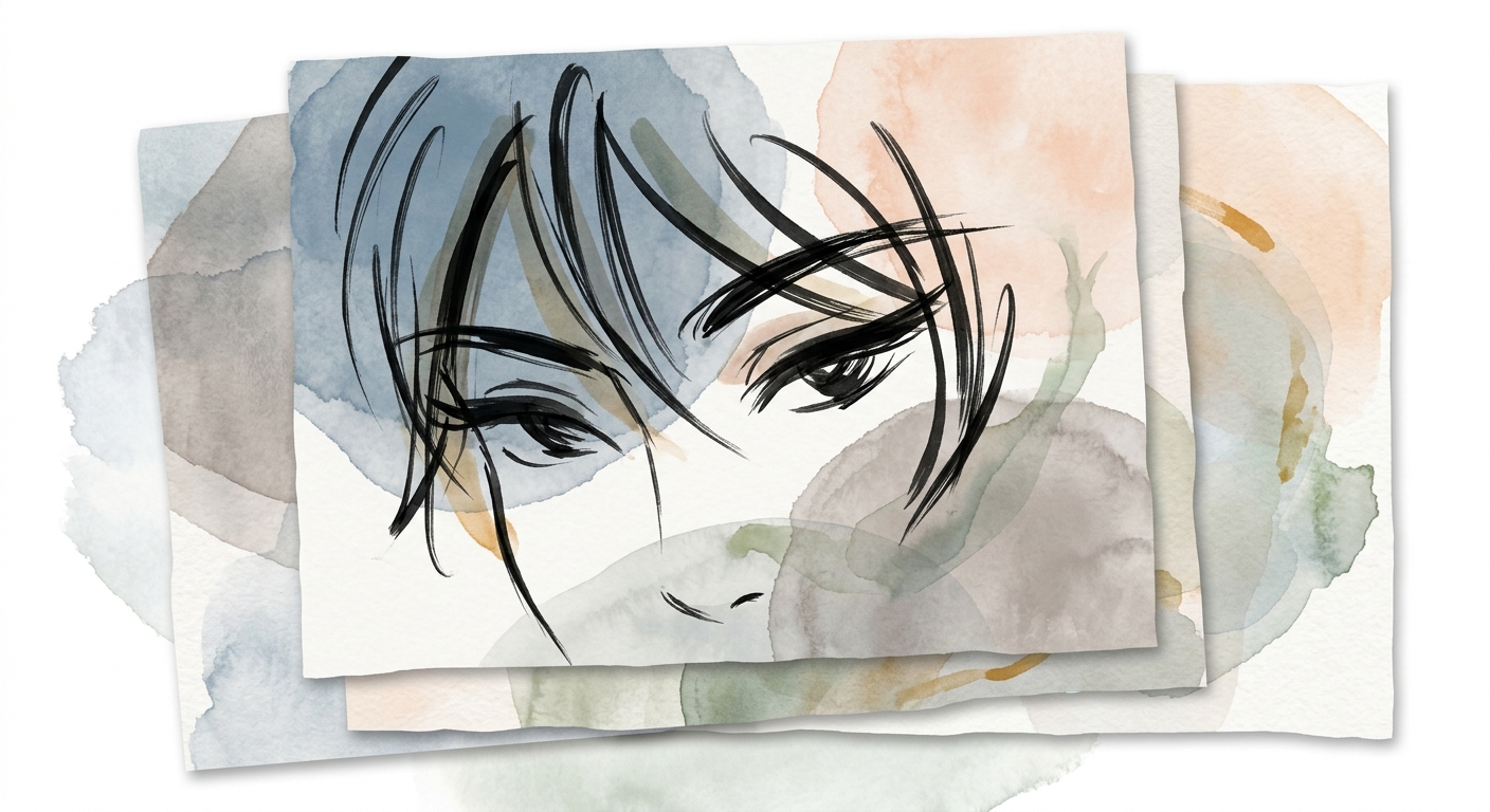 Geschichtete Papierbögen mit Manga-typischen schwarzen Tuschestrichen