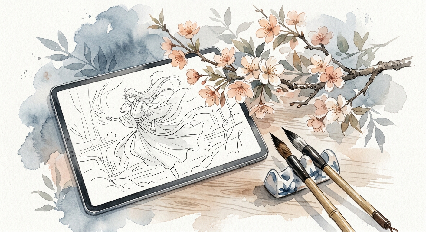 Kirschblütenzweige und Tuschpinsel über einem Tablet mit Manga-Linienkunst