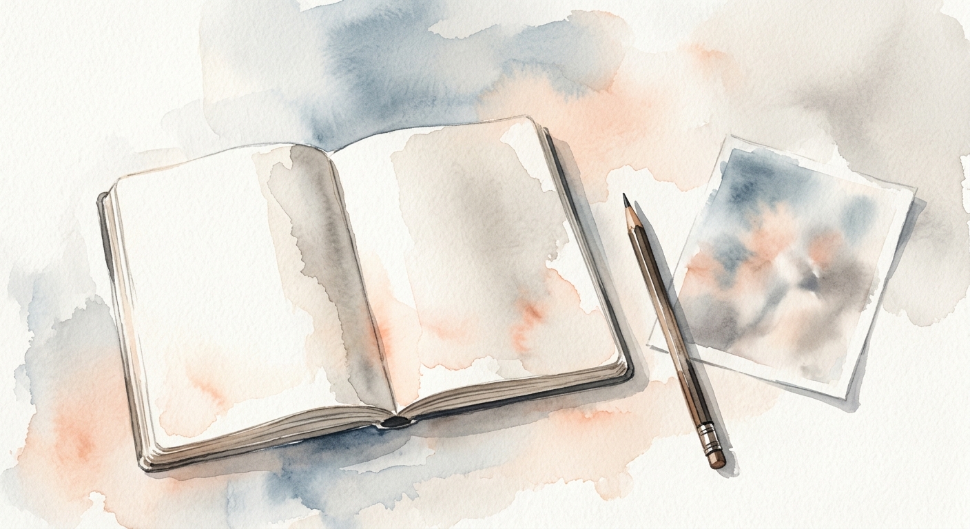 Skizzenbuch mit Bleistift und einem verblassten Referenzfoto auf einem hellen Tisch