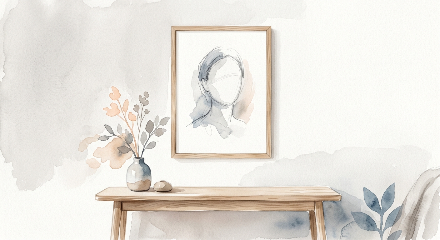 Gerahmtes Bleistift-Portrait an einer minimalistischen Wand über einer Konsole