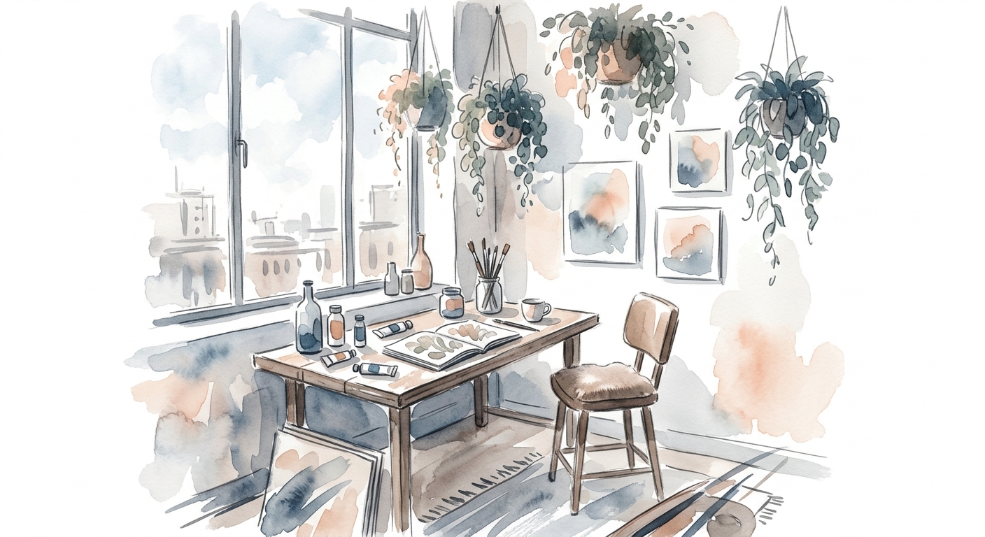 Aquarell-Szene eines Kuenstler-Lofts mit grossem Fenster und Pflanzen
