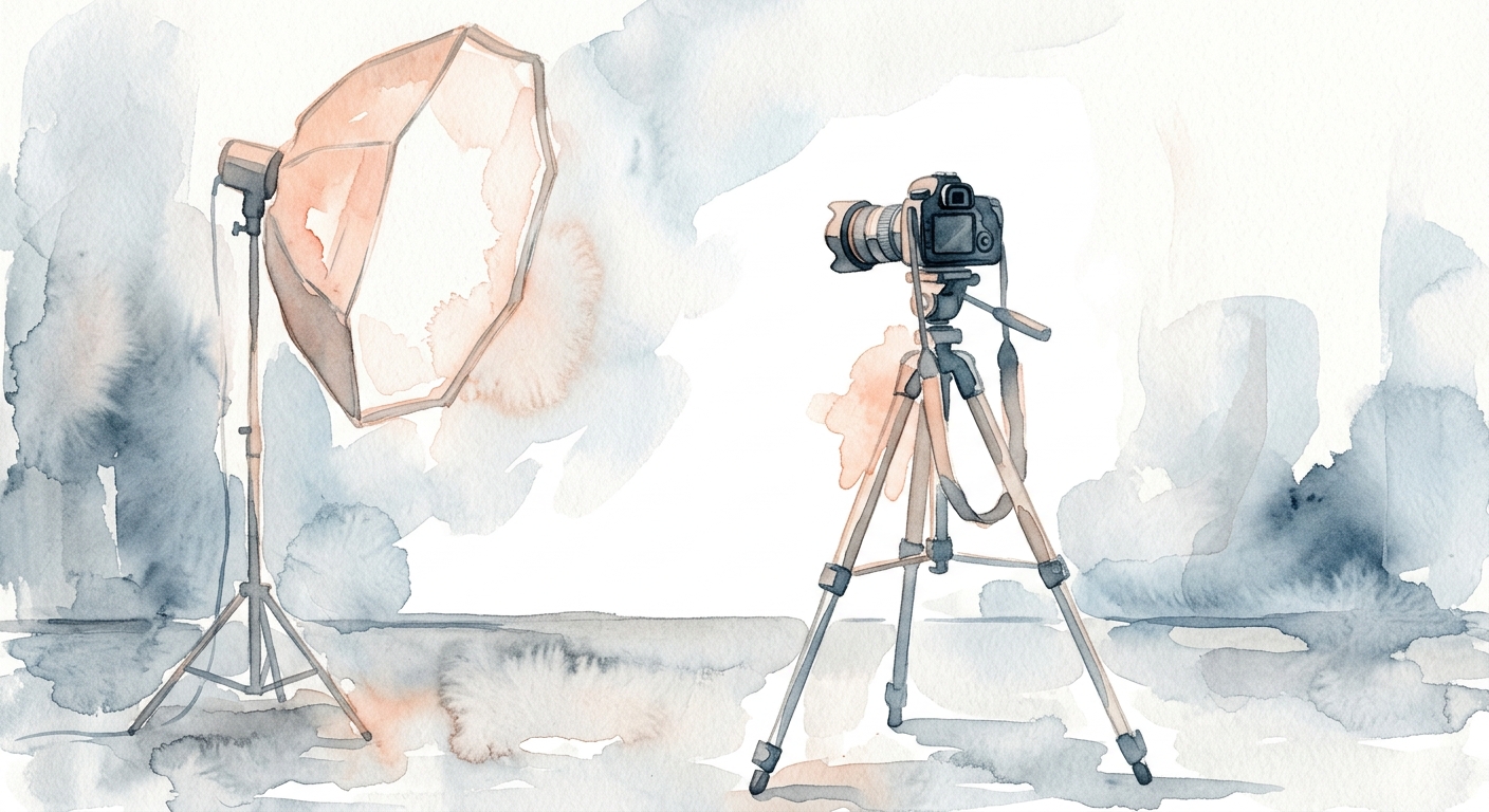 Aquarell-Malerei eines minimalistischen Fotostudios mit Softbox und Stativ