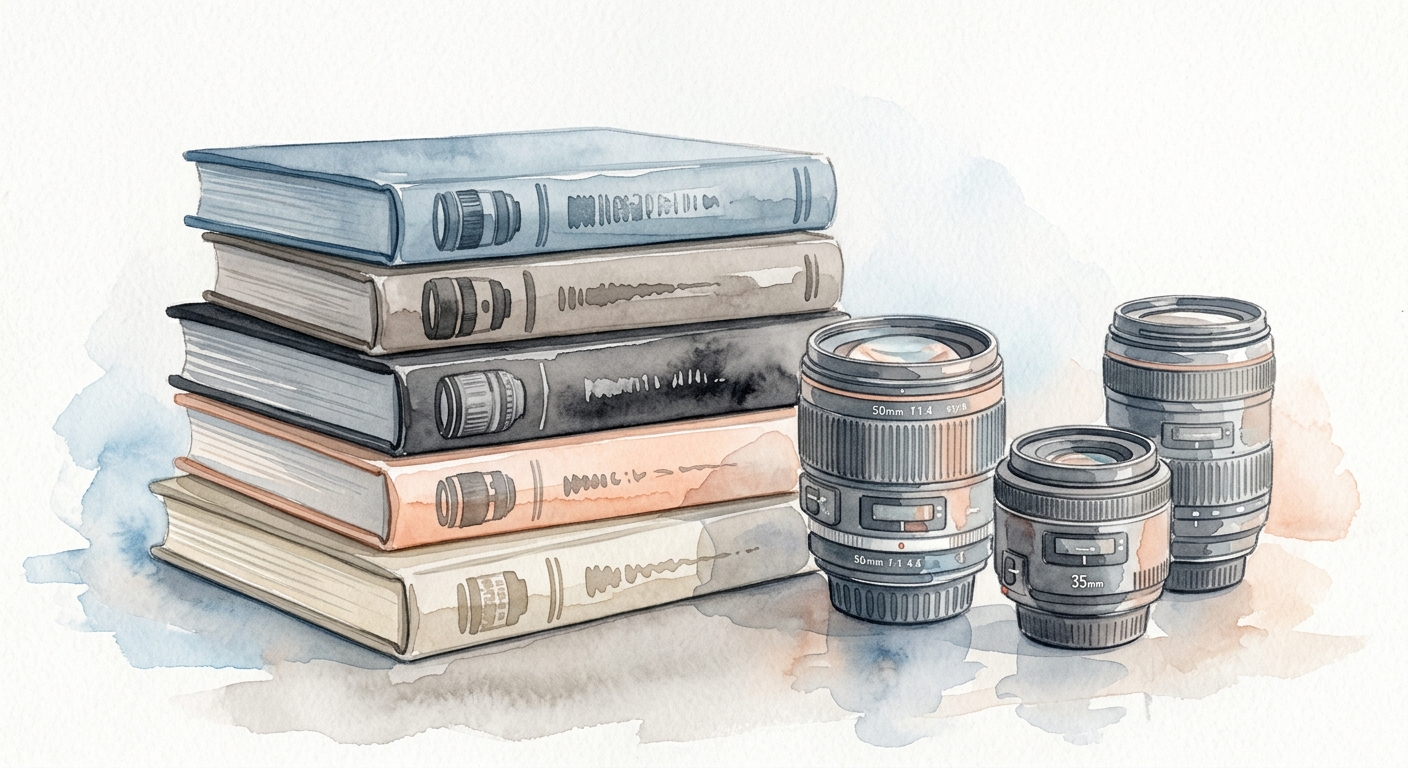 Aquarell-Illustration eines Stapels Fotobuecher und Objektive