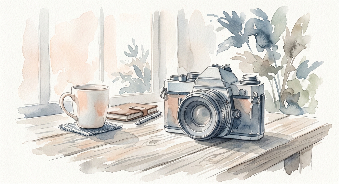 Aquarell-Illustration einer Vintage-Kamera auf einem Holztisch mit weichem Fensterlicht