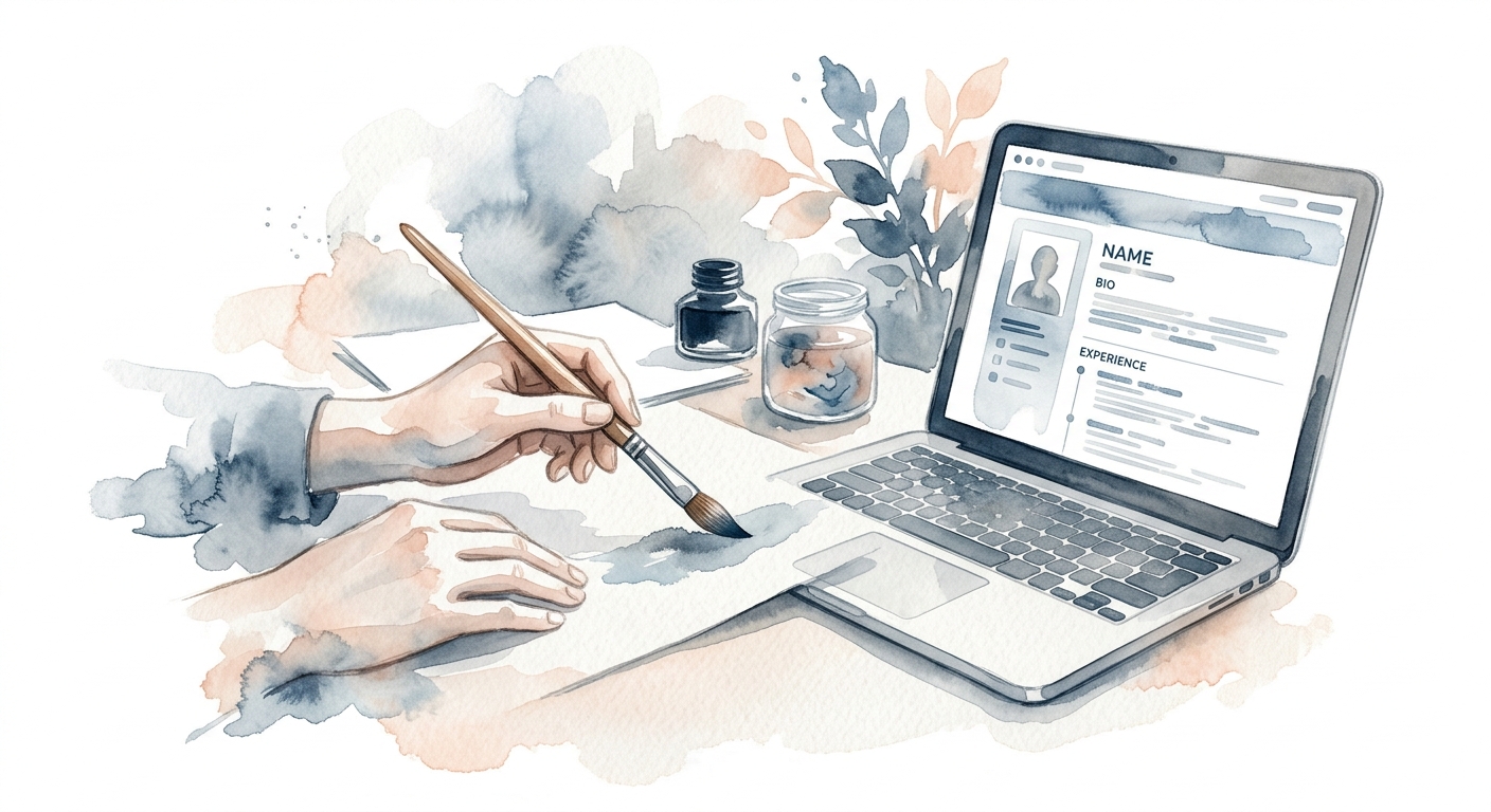 Hände mit Pinsel neben Laptop, der ein professionelles Profil-Layout zeigt