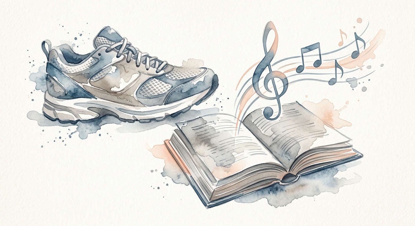 Laufschuh, Buch und Musiknote in weichen Pastelltönen auf warmem Papier