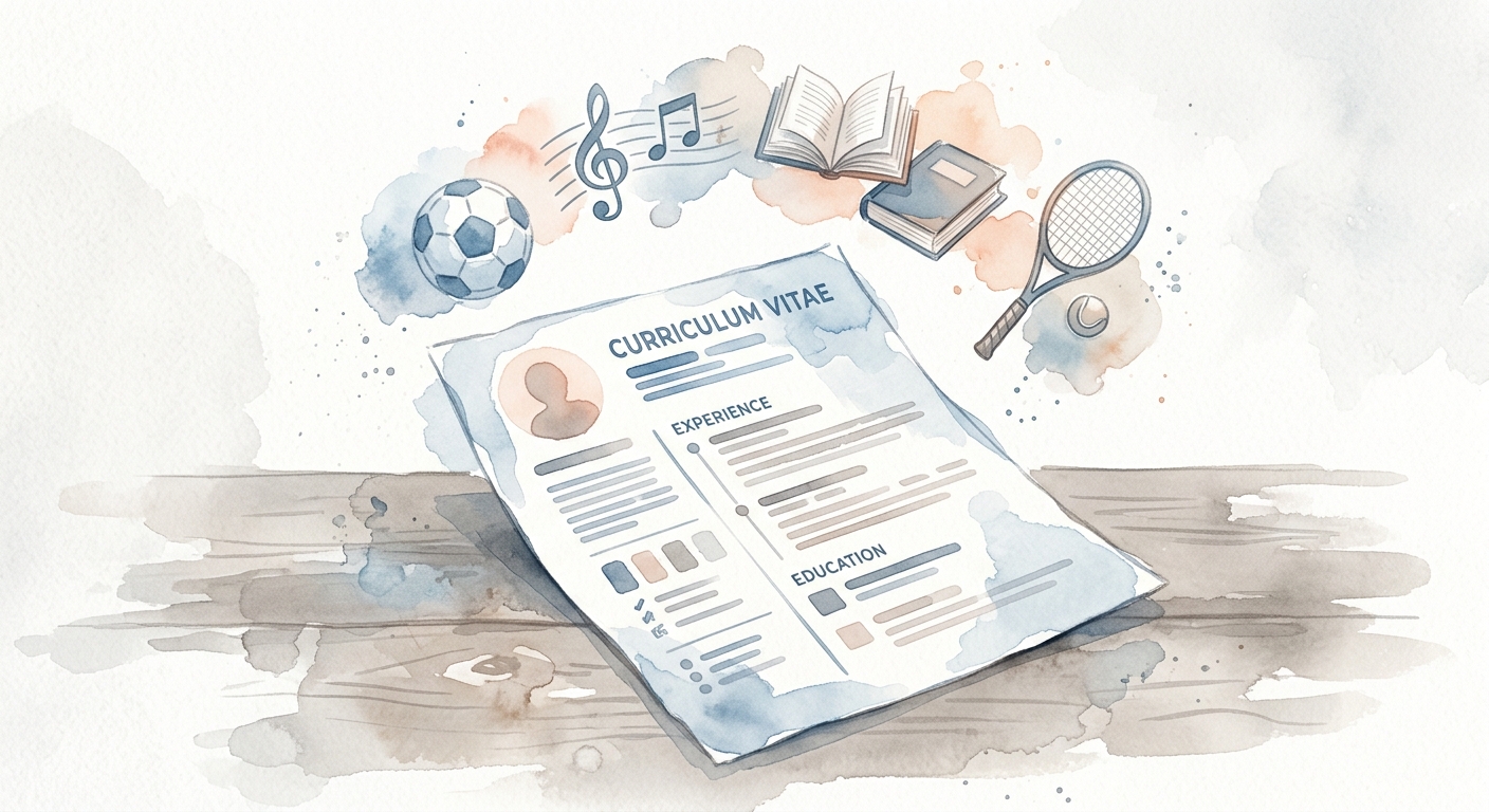 Lebenslauf auf Schreibtisch mit schwebenden Icons für Sport, Musik und Bücher