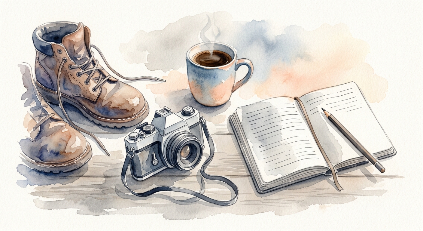 Schreibtisch mit Notizbuch, Kaffee, Kamera und Wanderschuhen als symbolische Hobby-Gegenstände
