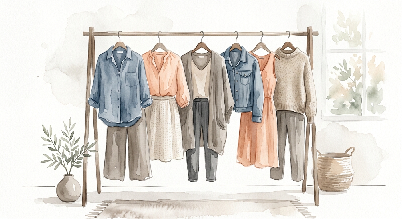 Kleiderstange mit kuratierten Outfits in abgestimmten Farben im Creator-Stil