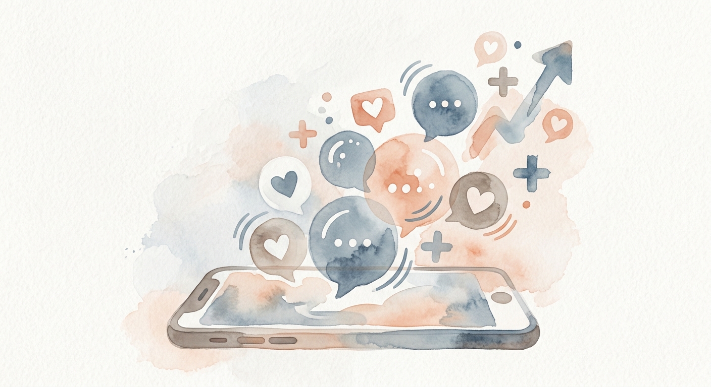 Abstrakte Follower-Zahlen und Herzsymbole über einem stilisierten Smartphone