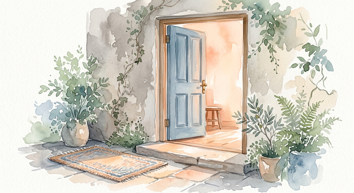 Aquarell-Illustration einer offenen Tür mit warmem Licht und einer Willkommensmatte