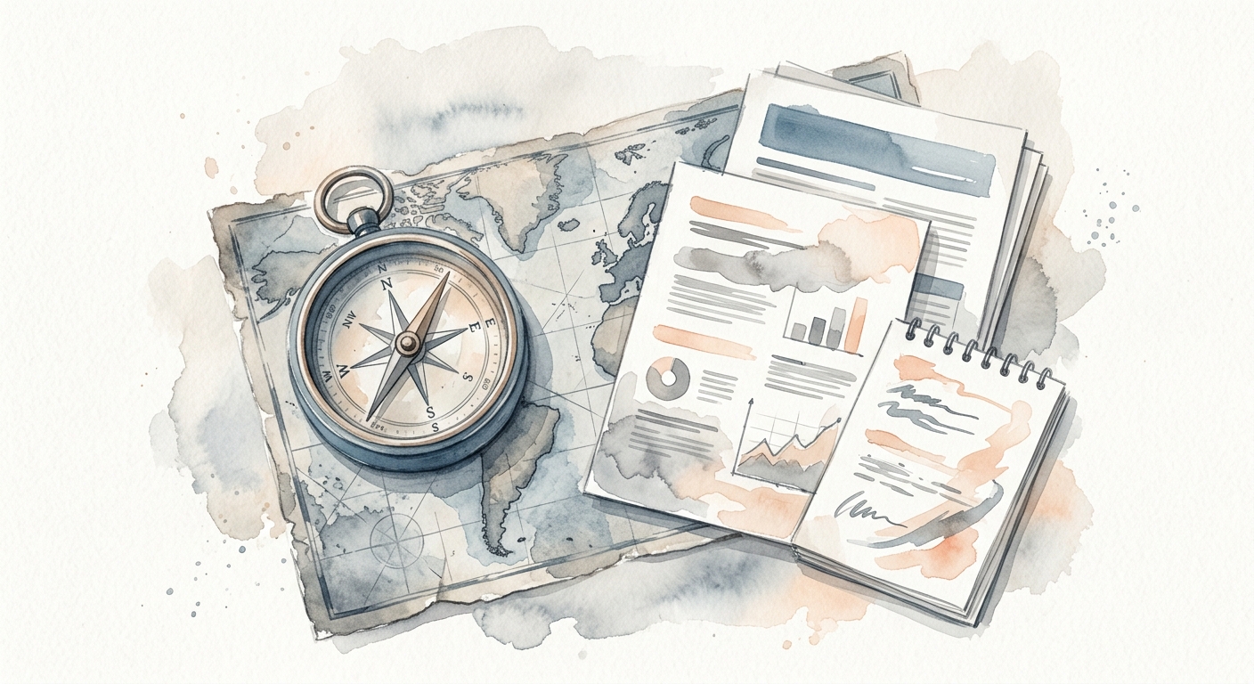 Aquarell-Illustration eines Kompasses und einer Landkarte mit Geschäftsdokumenten