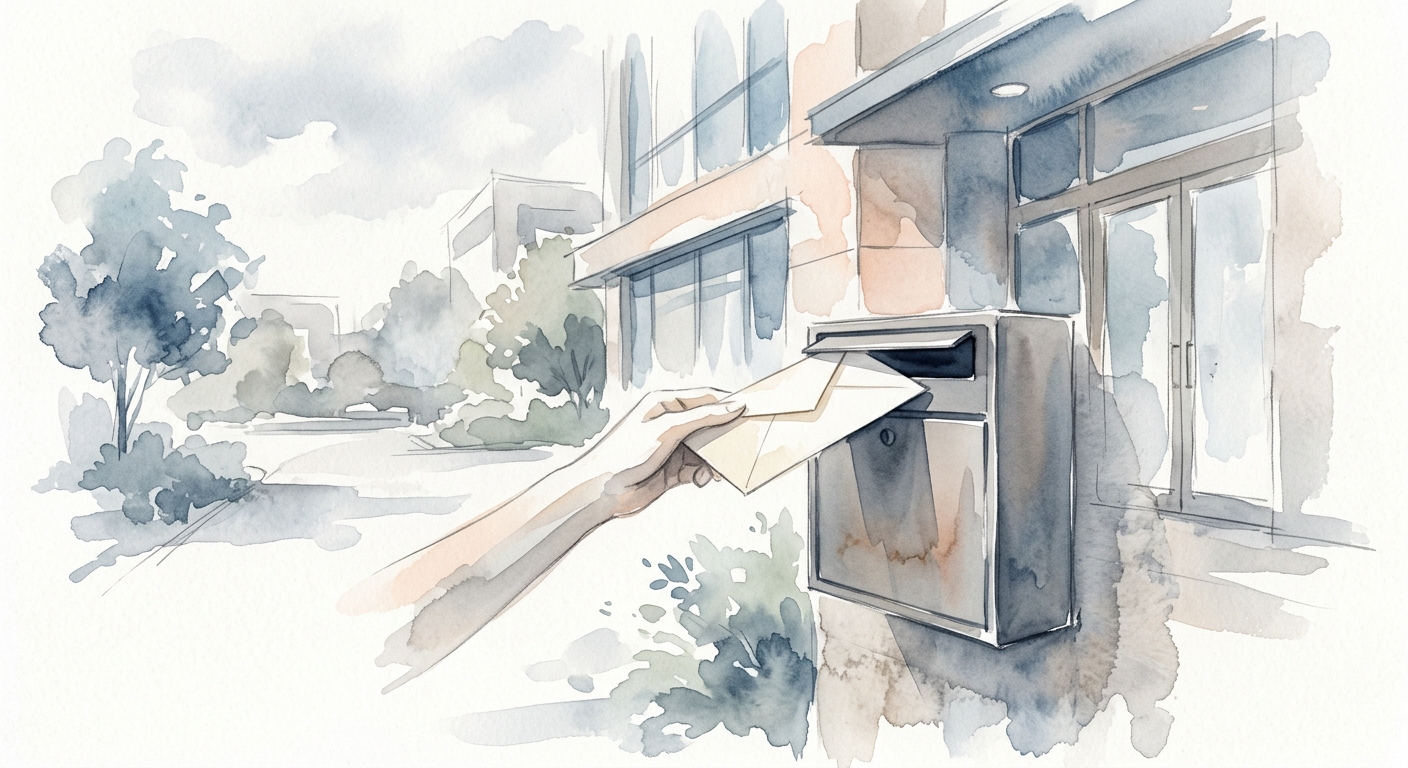 Aquarell-Illustration eines Briefes, der in einen Briefkasten vor einem modernen Bürogebäude eingeworfen wird