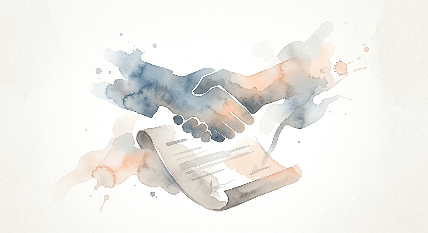 Aquarell-Illustration eines Handschlags, der mit einem Dokument verschmilzt