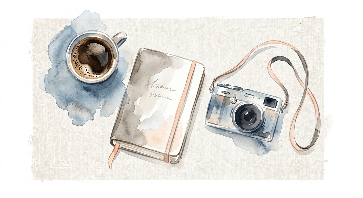 Aquarell-Flatlay mit Kaffeetasse, Notizbuch und Kamera auf Leinen