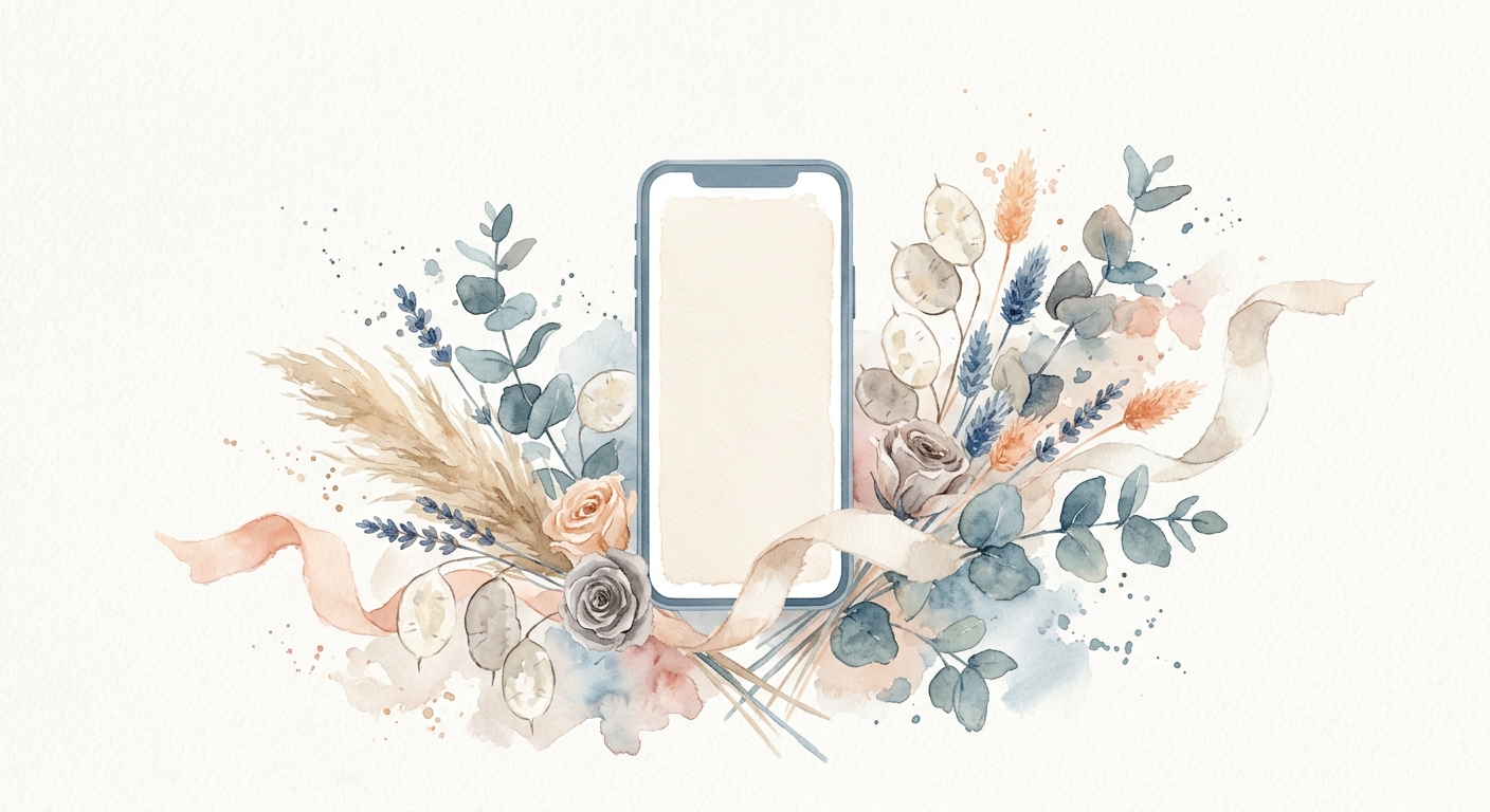 Aquarell eines Smartphone-Mockups mit getrockneten Blumen und Bändern
