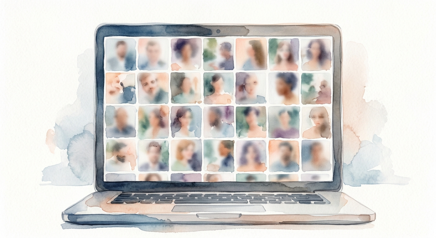 Abstrakte Aquarell-Illustration eines Laptop-Bildschirms mit kleinen Fotokacheln