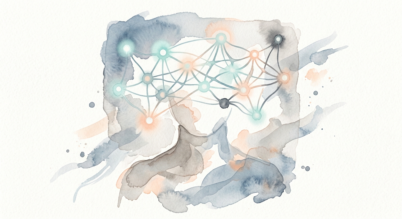 Abstrakte Illustration eines neuronalen Netzes über einem weichen Porträtrahmen