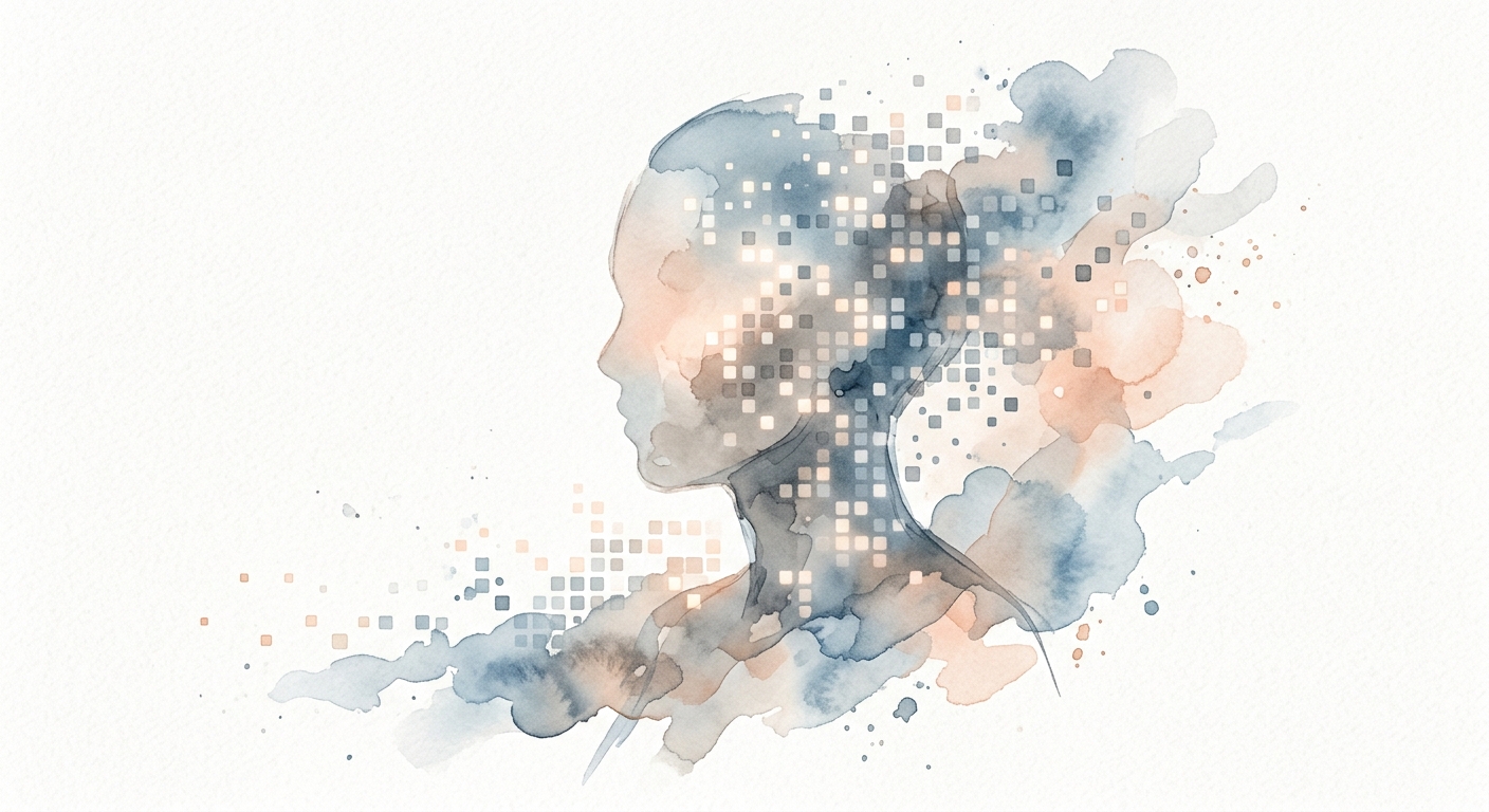 Aquarell-Darstellung glühender Pixel, die sich zu einer weichen Silhouette formen