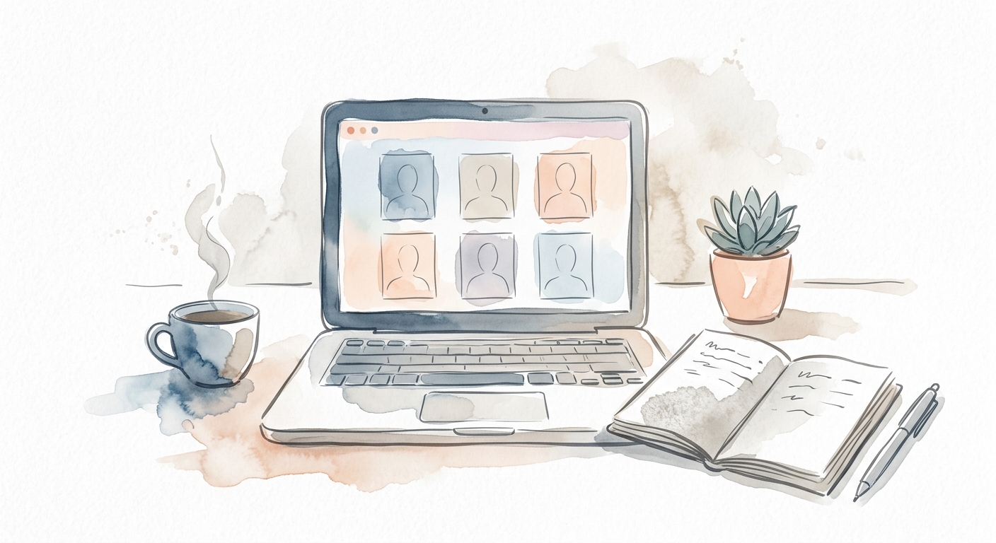 Laptop mit Portrait-Raster, pastellfarbenes Interface, Aquarell-Illustration