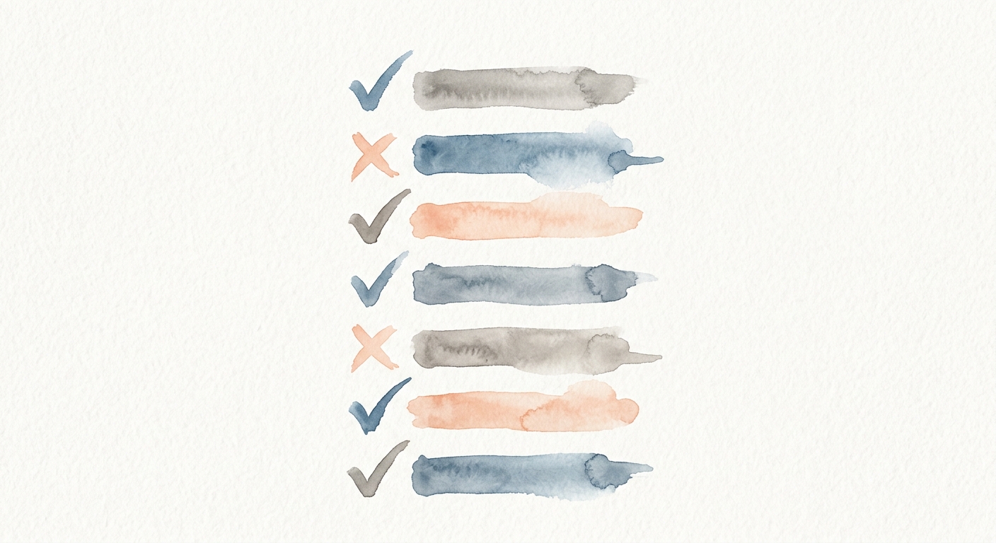 Checklisten-Vergleich mit Häkchen und Kreuzen, minimalistische Aquarell-Illustration