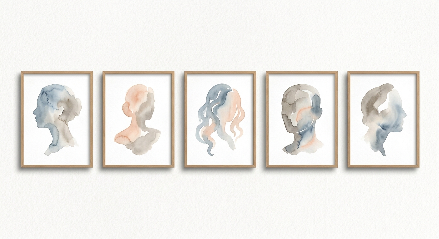 Abstrakte Portrait-Silhouetten in einer Galerie, Aquarell-Illustration