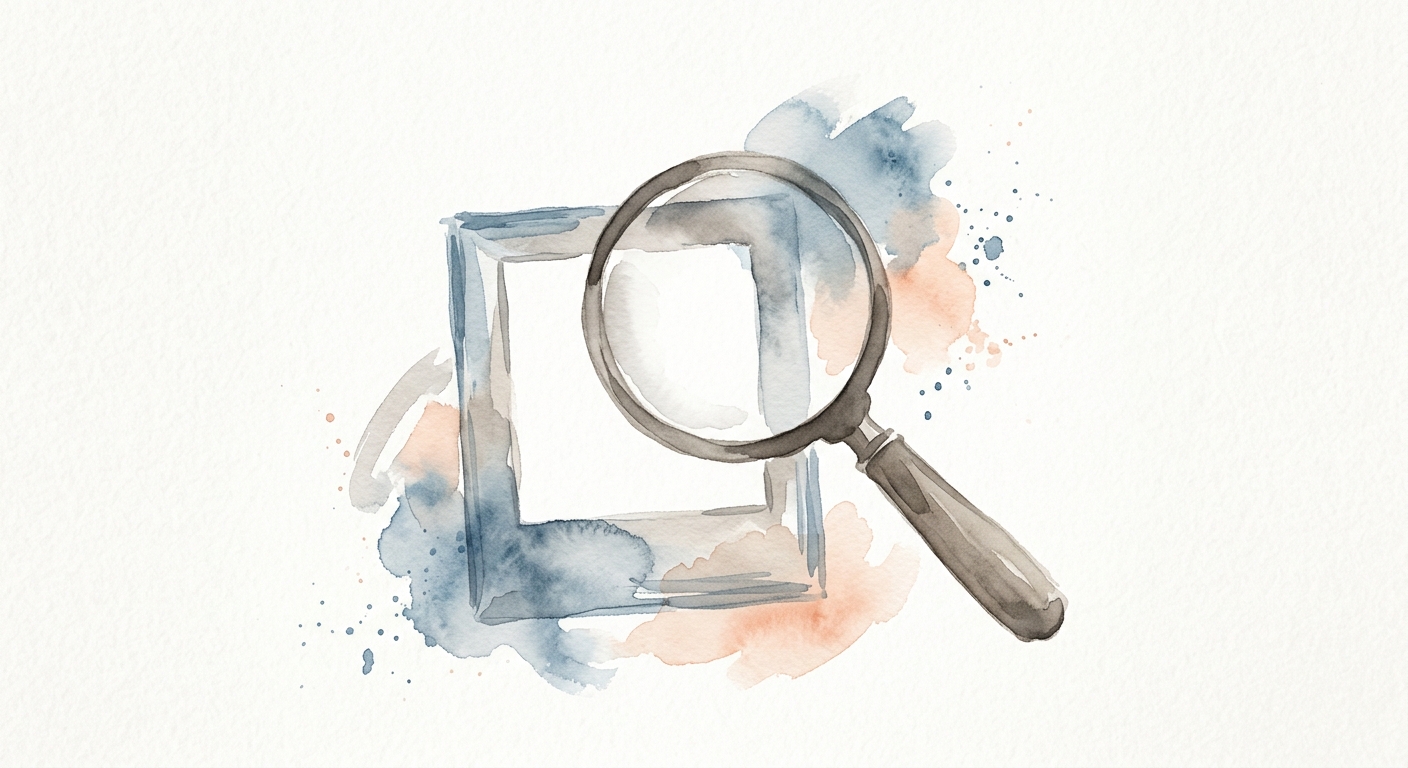 Lupe über einem Bilderrahmen, editorialer Aquarellstil