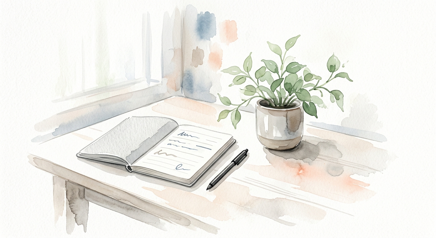 Aufgeraeumter Schreibtisch mit Notizbuch und Stift