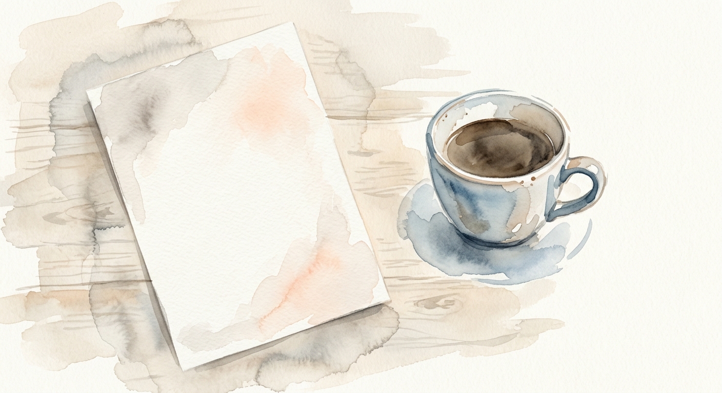 Aquarell-Illustration eines Bewerbungsblatts neben einer Kaffeetasse