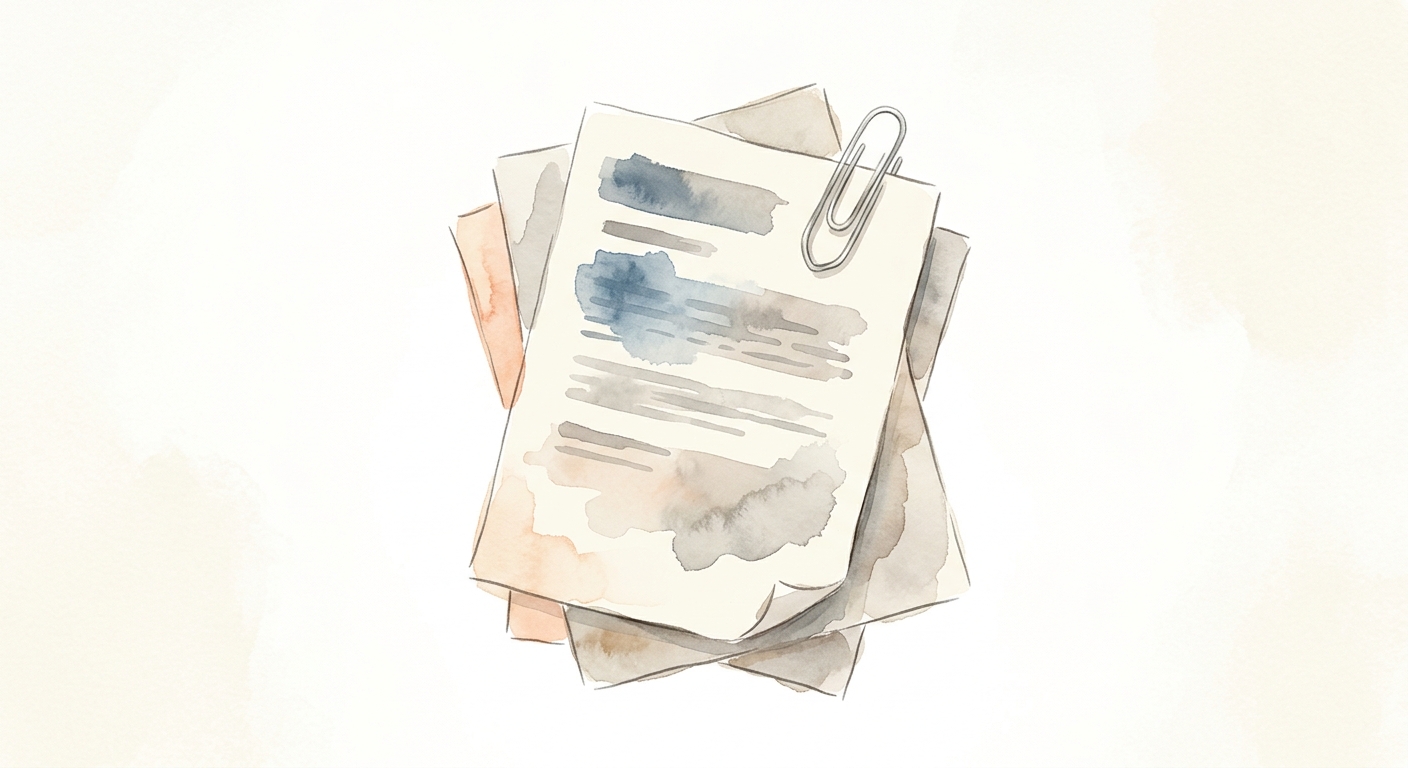 Aquarell einer Büroklammer mit einem kleinen Dokumentenstapel