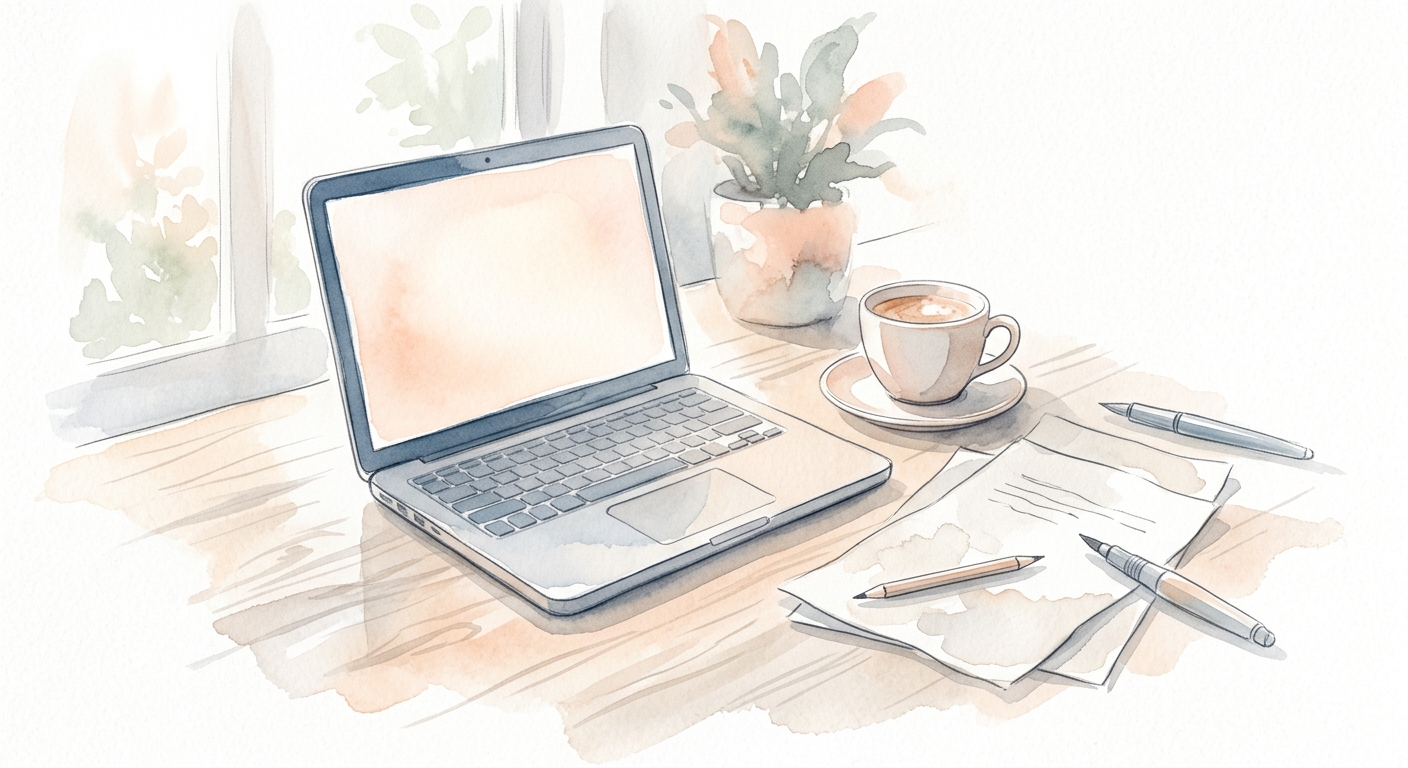 Aquarell eines Schreibtischs mit Laptop, Kaffeetasse und Papierbögen im Morgenlicht