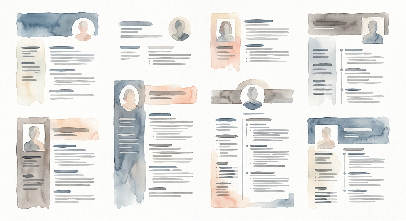 Illustration verschiedener Lebenslauf-Layouts mit Foto-Platzhaltern in unterschiedlichen Positionen