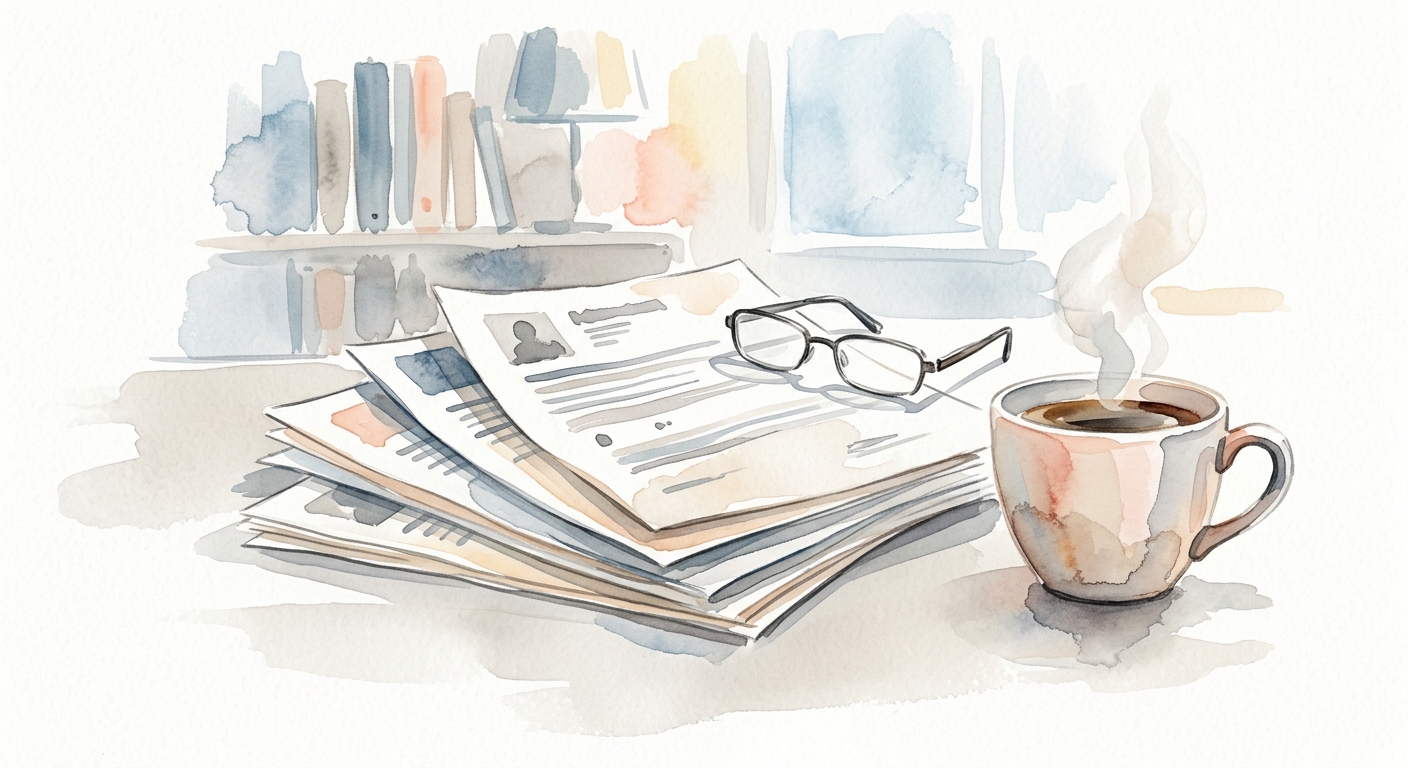 Illustration eines Schreibtischs mit gestapelten Bewerbungen, Kaffeetasse und Lesebrille