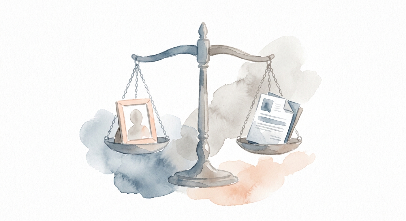 Illustration einer Waage die ein Foto gegen ein Dokument abwägt als Symbol für die Entscheidung