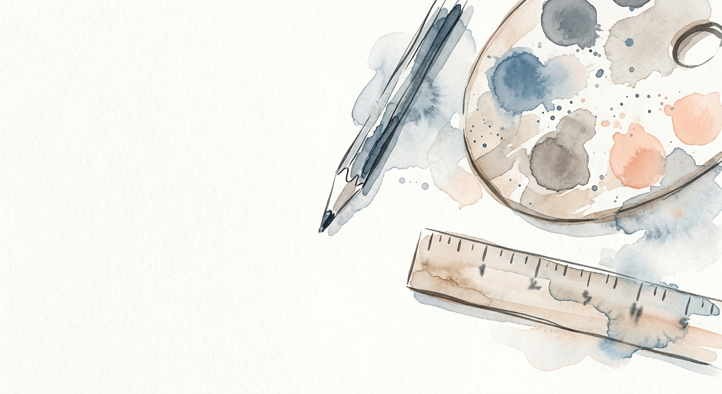 Aquarell-Skizze von Design-Werkzeugen – Stift, Farbpalette und Lineal
