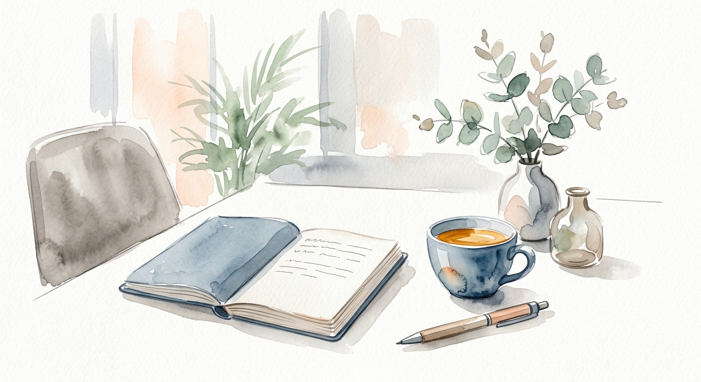 Moderner Arbeitsplatz mit Notizbuch und Kaffee in Pastelltoenen