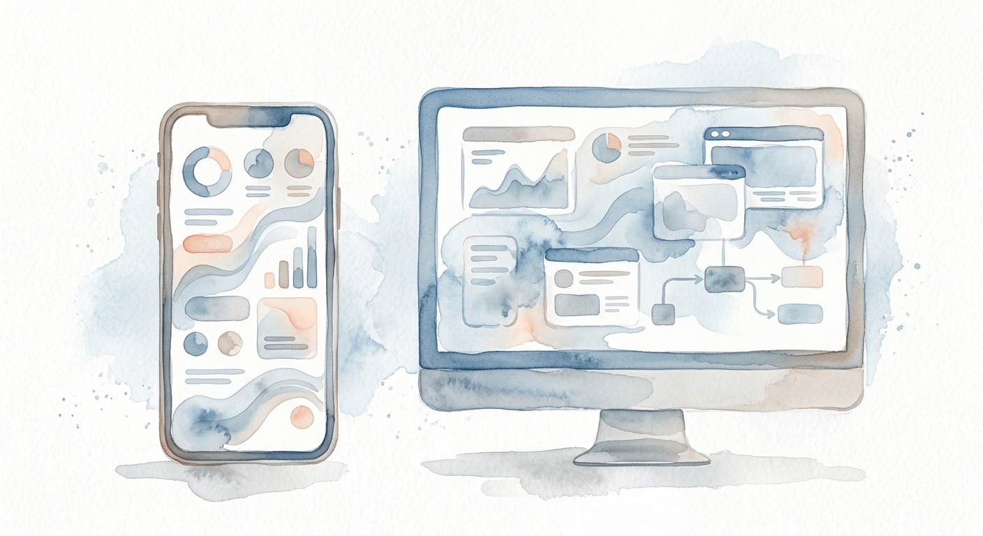 Smartphone und Desktop-Monitor nebeneinander in weichem Blau