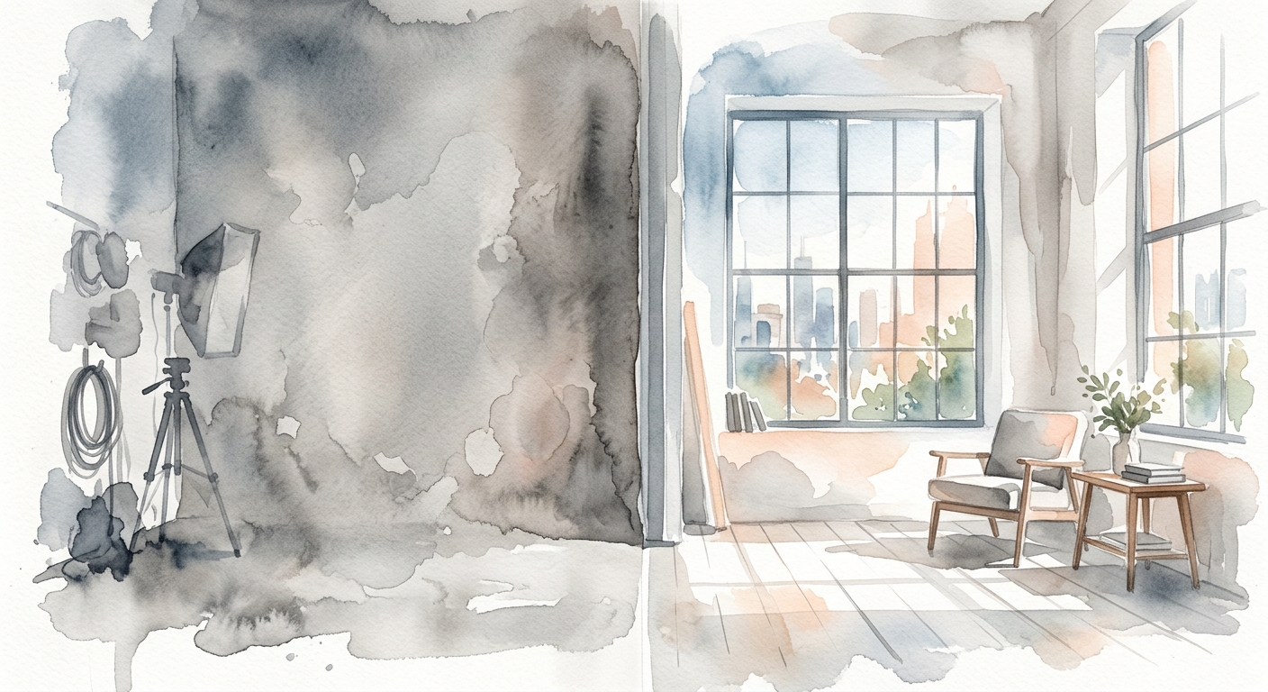 Vergleich zwischen klassischem Studiohintergrund und modernem hellen Loft als Hintergrund