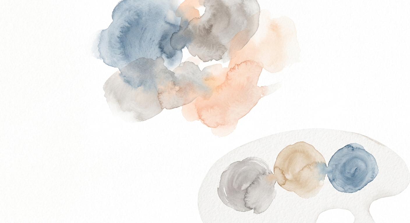 Farbpalette mit drei Farbproben — sanftes Grau, warmes Beige, gedämpftes Blau