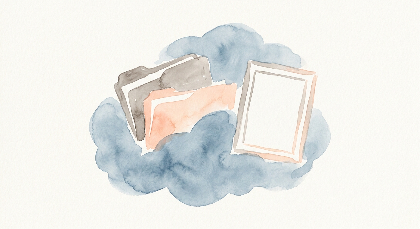 Aquarell einer Wolke, die Ordner und einen Portraetrahmen haelt