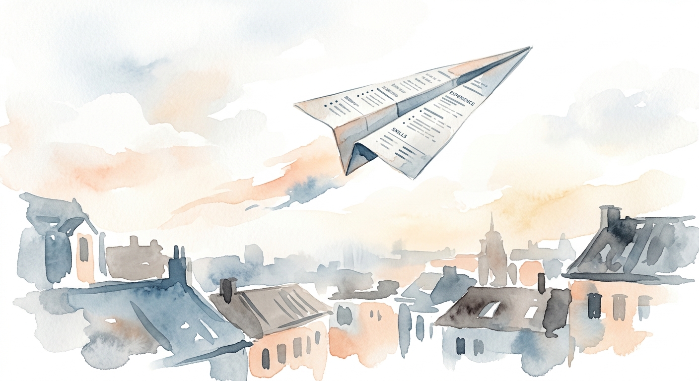 Aquarell-Skizze eines Papierfliegers aus einem Lebenslauf, der ueber Daecher fliegt