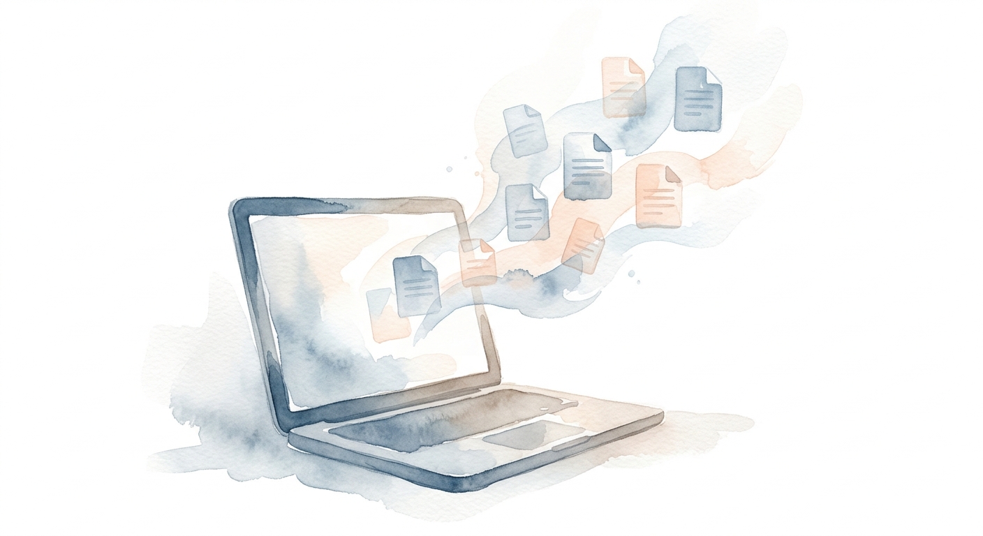 Aquarell-Illustration eines Laptops mit Dokumenten, die aus dem Bildschirm schweben